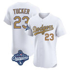 Los Angeles Dodgers #23 Kyle Tucker Player White Gold AmberGomez World Series Meet Limited Elite Home Stitched Jerseys