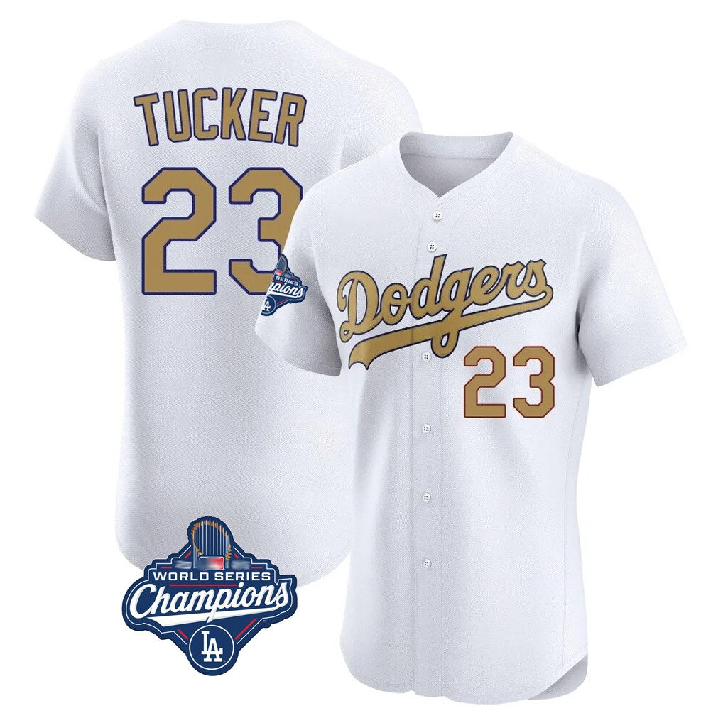 Los Angeles Dodgers #23 Kyle Tucker Player White Gold AmberGomez World Series Meet Limited Elite Home Stitched Jerseys