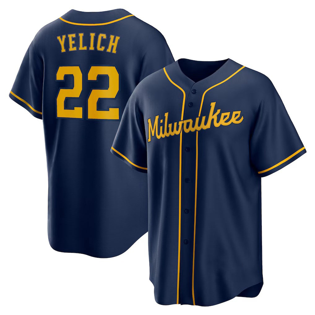 Milwaukee Brewers #22 Christian Yelich Navy AmberGomez Alternate 2 Replica Jersey