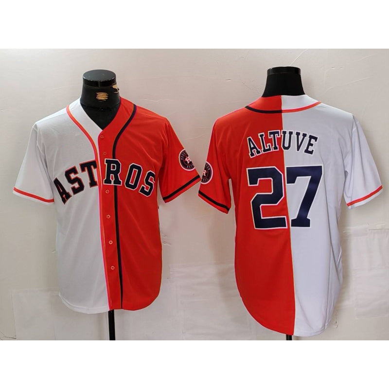 Houston Astros #27 Jose Altuve White Orange AmberGomez Blue Number Split Stitched Jersey 2