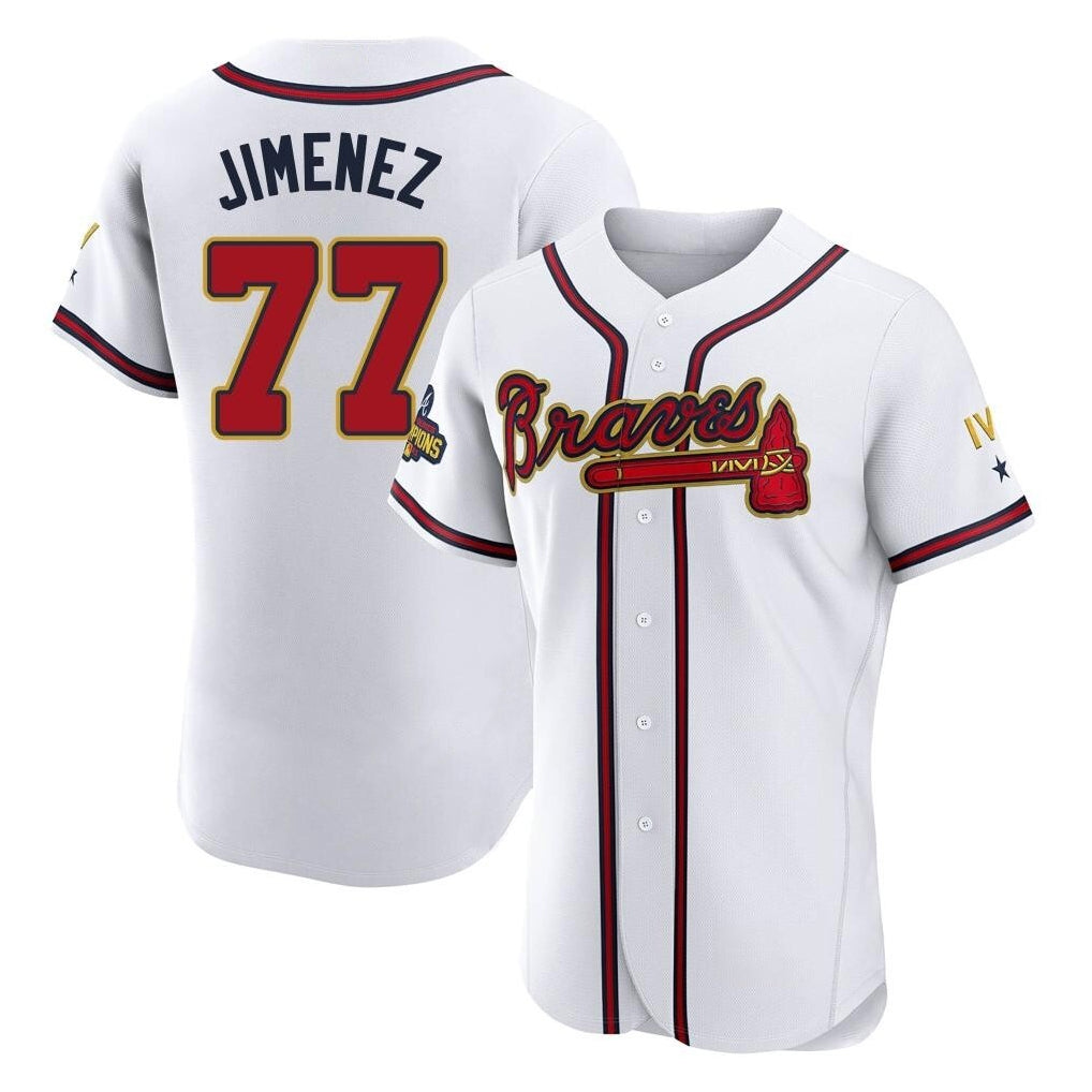 Atlanta Braves #77 Joe Jimenez Player White Gold AmberGomez Limited Elite Home Game Stitched Jerseys