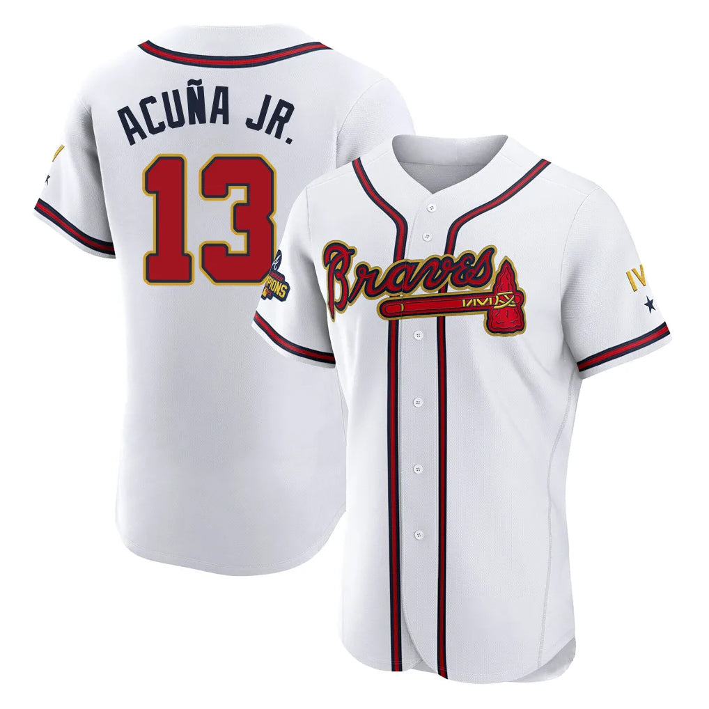 Atlanta Braves #13 Ronald Acuna Jr Player White Gold AmberGomez Limited Elite Home Game Stitched Jerseys