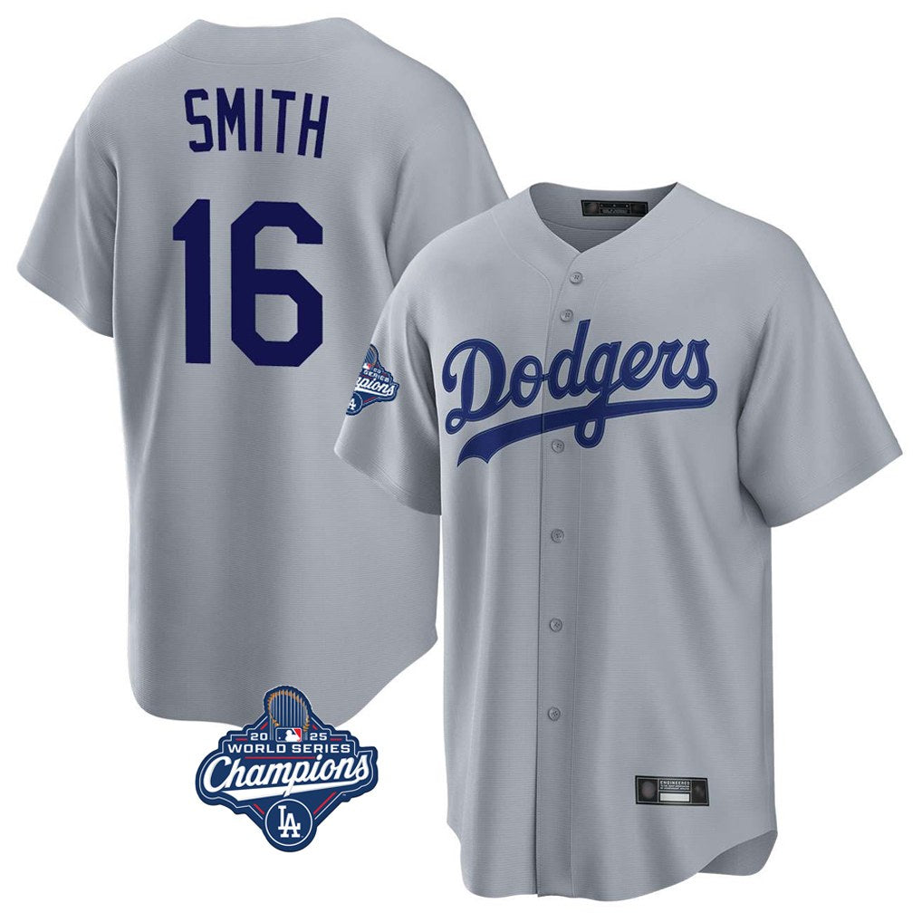 Los Angeles Dodgers #16 Will Smith Player Gray AmberGomez World Series Meet Game Stitched Jerseys