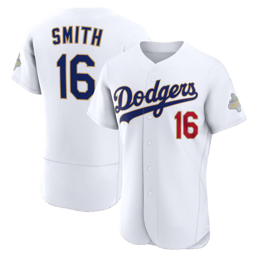 Los Angeles Dodgers #16 Will Smith White AmberGomez 2026 Gold Collection Authentic Jersey