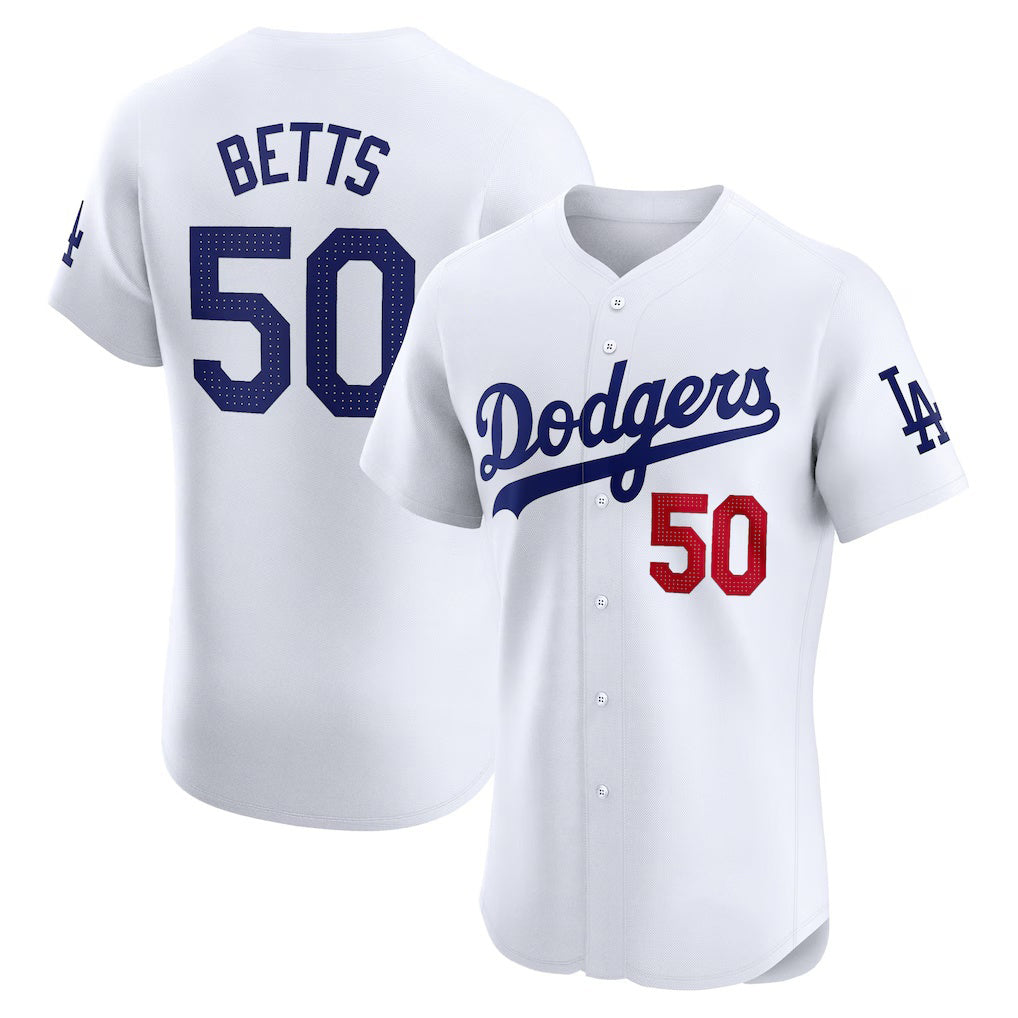 Los Angeles Dodgers #50 Mookie Betts White AmberGomez Home Elite Jersey
