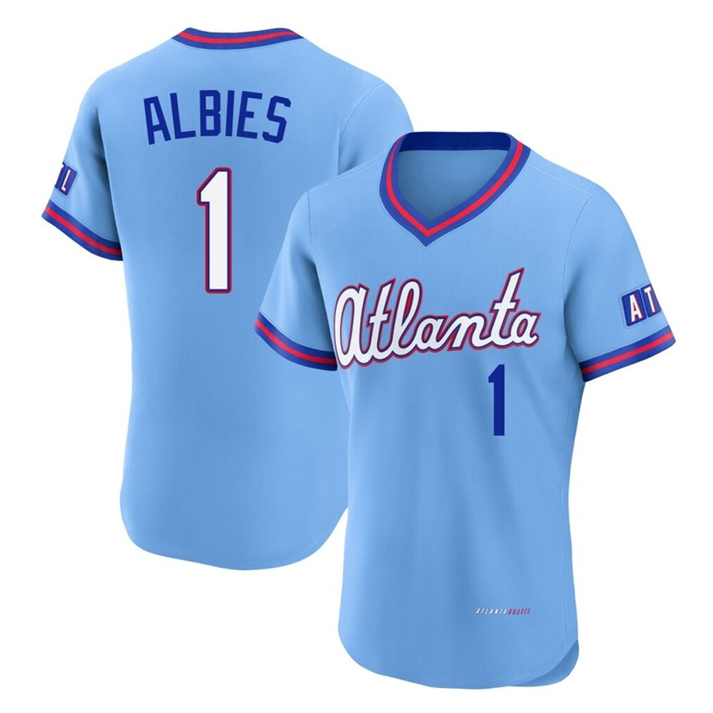 Atlanta Braves #1 Ozzie Albies Player Powder Blue AmberGomez 2026 City Connect T-shirt Limited Elite Home Game Stitched Jerseys