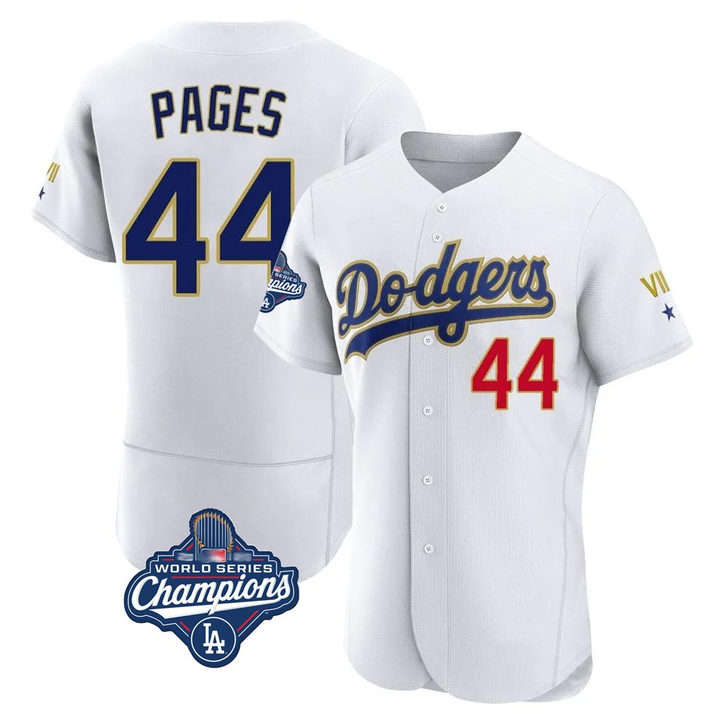 Los Angeles Dodgers #44 Andy Pages Player Gold White AmberGomez World Series Meet 2026 Collection Stadium Limited Elite Stitched Jerseys