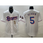 Texas Rangers #5 Corey Seager Number White AmberGomez 2023 World Series Champions Cool Base Jerseys