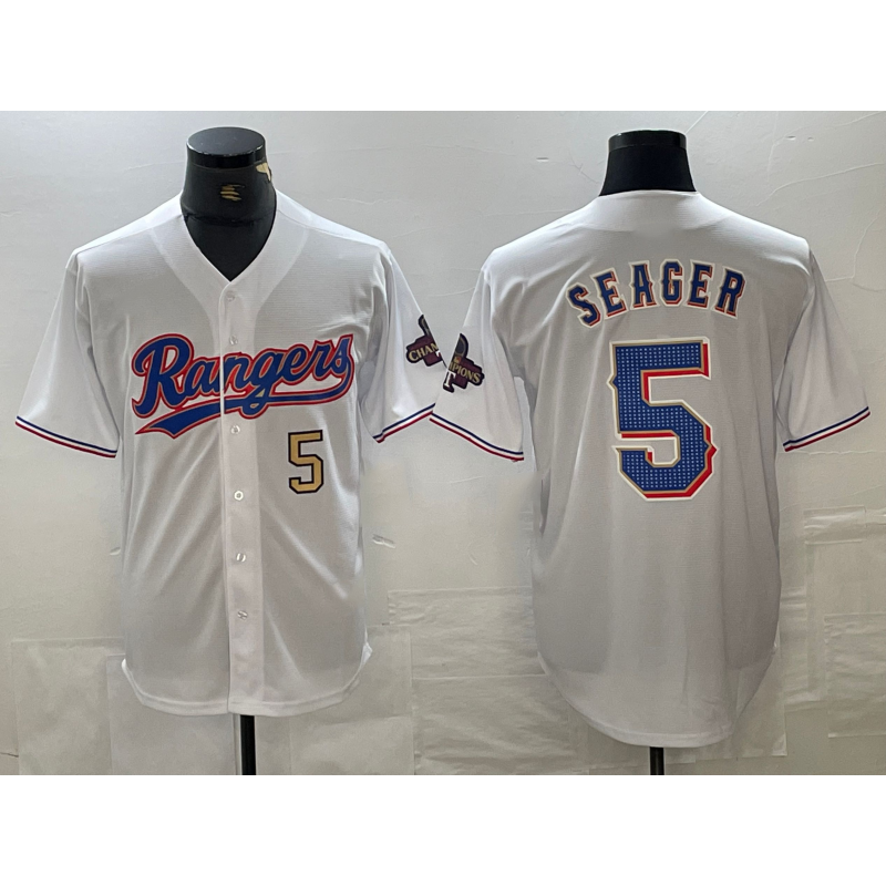 Texas Rangers #5 Corey Seager Number White AmberGomez 2023 World Series Champions Cool Base Jerseys
