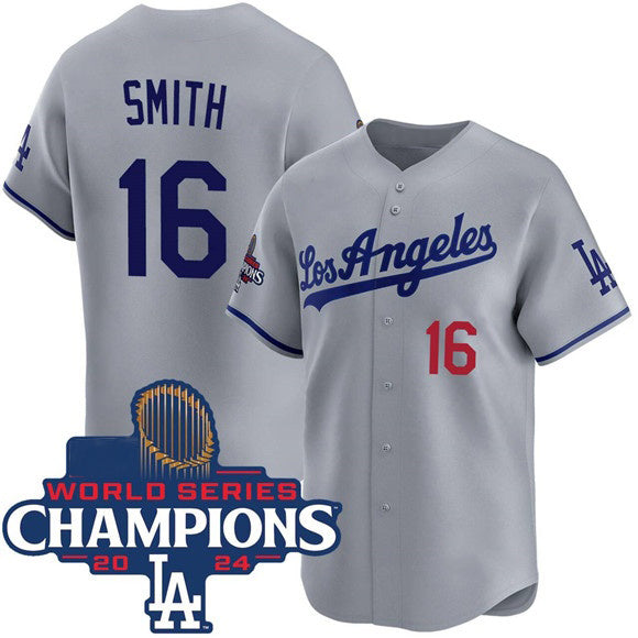 Los Angeles Dodgers #16 Will Smith Gray AmberGomez 2024 World Series Champions Patch Limited Stitched Jersey