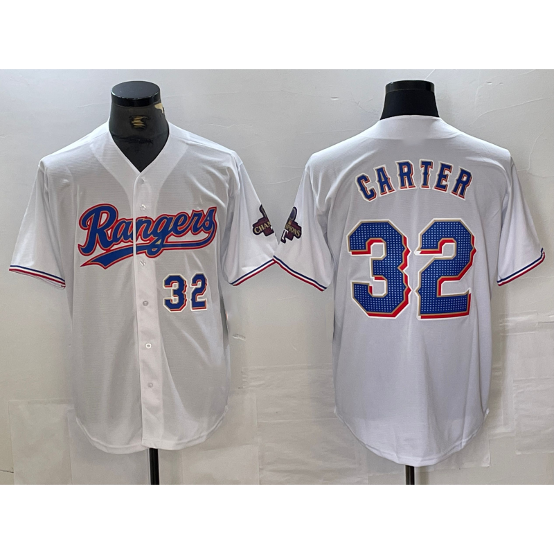 Texas Rangers #32 Evan Carter Number White AmberGomez 2023 World Series Champions Cool Base Jerseys