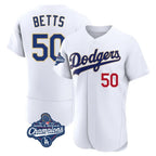 Los Angeles Dodgers #50 Mookie Betts Player Gold White AmberGomez World Series Meet 2026 Collection Stadium Limited Elite Stitched Jerseys