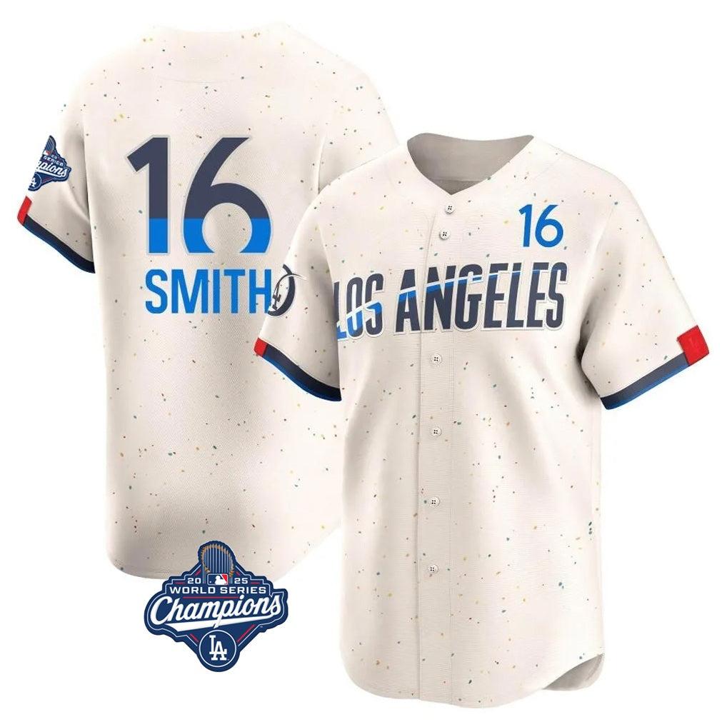 Los Angeles Dodgers #16 Will Smith Player Cream AmberGomez World Series Meet City Connect Limited Home Stitched Jerseys