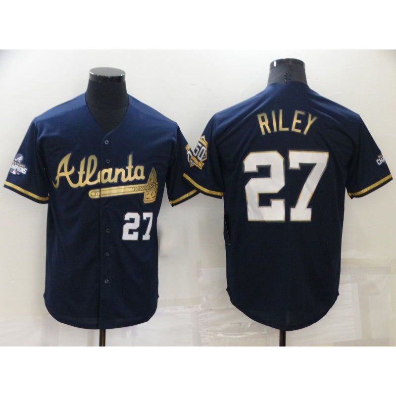 Atlanta Braves #27 Austin Riley 2022 Navy Blue AmberGomez 2021 World Series Champions Golden Edition Stitched Cool Base Jersey