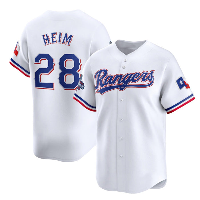 Texas Rangers #28 Jonah Heim White AmberGomez 2023 World Series Champions Stitched Jersey