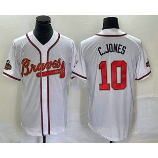 Atlanta Braves #10 Chipper Jones 2022 White Gold AmberGomez World Series Champions Program Cool Base Stitched Jersey