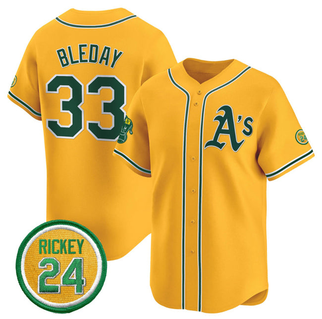 Oakland Athletics #33 JJ Bleday Yellow AmberGomez 2024 Limited With Rickey Henderson Patch Stitched Jersey