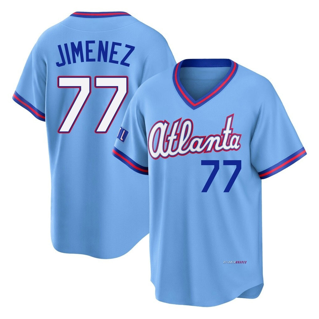 Atlanta Braves #77 Joe Jimenez Player Powder Blue AmberGomez 2026 City Connect T-shirt Home Game Stitched Jerseys