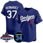 Los Angeles Dodgers #37 Teoscar Hernandez Royal AmberGomez 2024 World Series Champions With Fernando Memorial Patch Vapor Premier Limited Stitched Jersey
