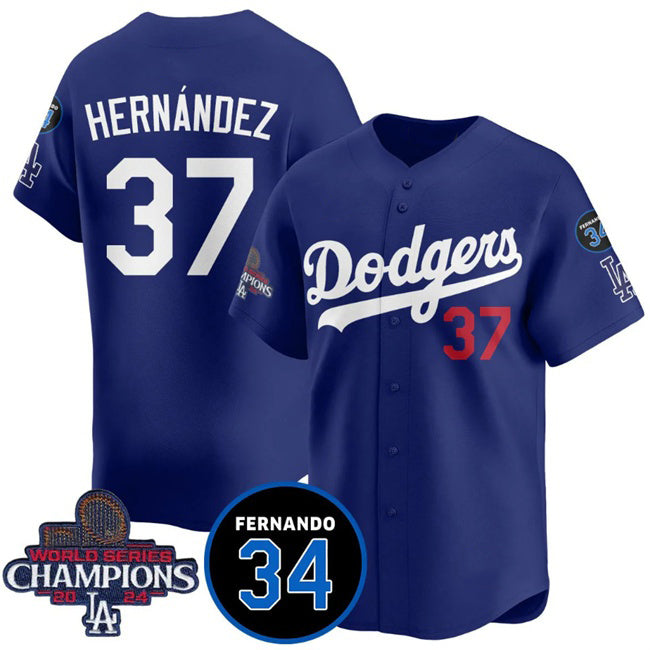 Los Angeles Dodgers #37 Teoscar Hernandez Royal AmberGomez 2024 World Series Champions With Fernando Memorial Patch Vapor Premier Limited Stitched Jersey