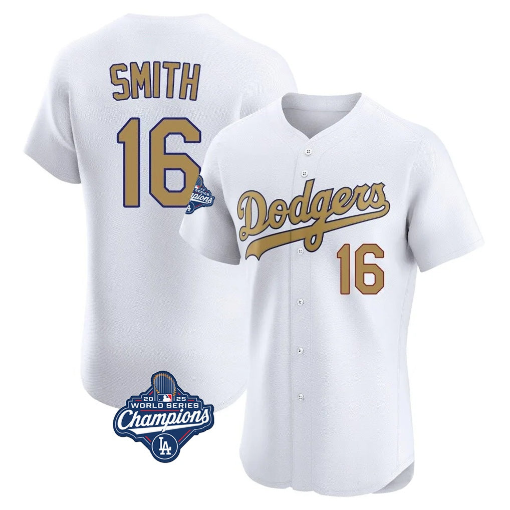 Los Angeles Dodgers #16 Will Smith Player White Gold AmberGomez World Series Meet Limited Elite Home Stitched Jerseys