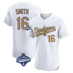 Los Angeles Dodgers #16 Will Smith Player White Gold AmberGomez World Series Meet Limited Elite Home Stitched Jerseys