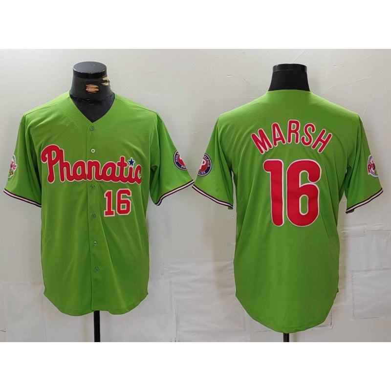 Philadelphia Phillies #16 Brandon Marsh Number Green AmberGomez With Patch Stitched Cool Base Jersey