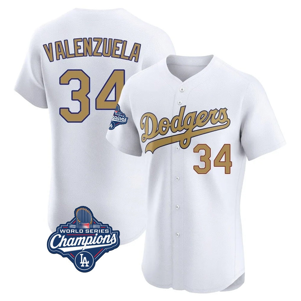 Los Angeles Dodgers #34 Fernando Valenzuela Player White Gold AmberGomez World Series Meet Limited Elite Home Stitched Jerseys