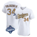 Los Angeles Dodgers #34 Fernando Valenzuela Player White Gold AmberGomez World Series Meet Limited Elite Home Stitched Jerseys