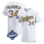 Los Angeles Dodgers #34 Fernando Valenzuela Player White Gold AmberGomez World Series Meet Limited Elite Home Stitched Jerseys