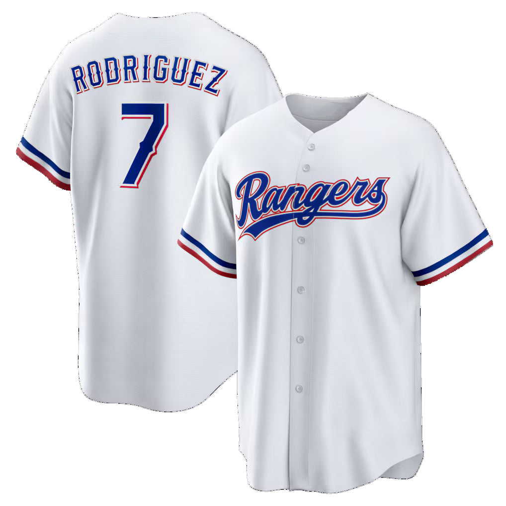 Texas Rangers #7 Ivan Rodriguez White AmberGomez Home Retired Player Replica Jersey