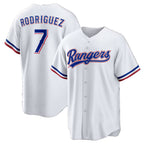 Texas Rangers #7 Ivan Rodriguez White AmberGomez Home Retired Player Replica Jersey
