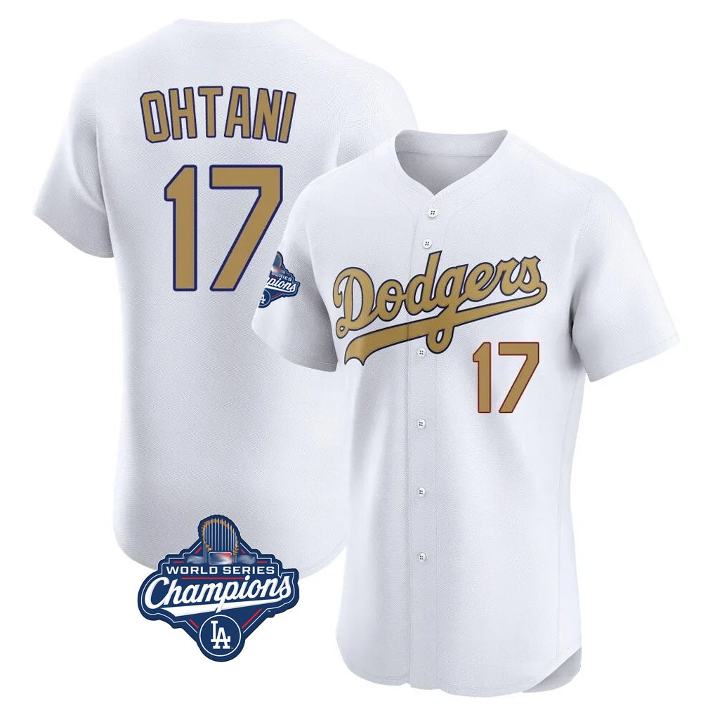 Los Angeles Dodgers #17 Shohei Ohtani Player White Gold AmberGomez World Series Meet Limited Elite Home Stitched Jerseys