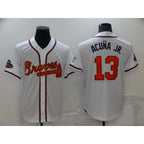Atlanta Braves #13 Ronald Acuna Jr 2022 White Gold AmberGomez World Series Champions Program Cool Base Stitched Jersey