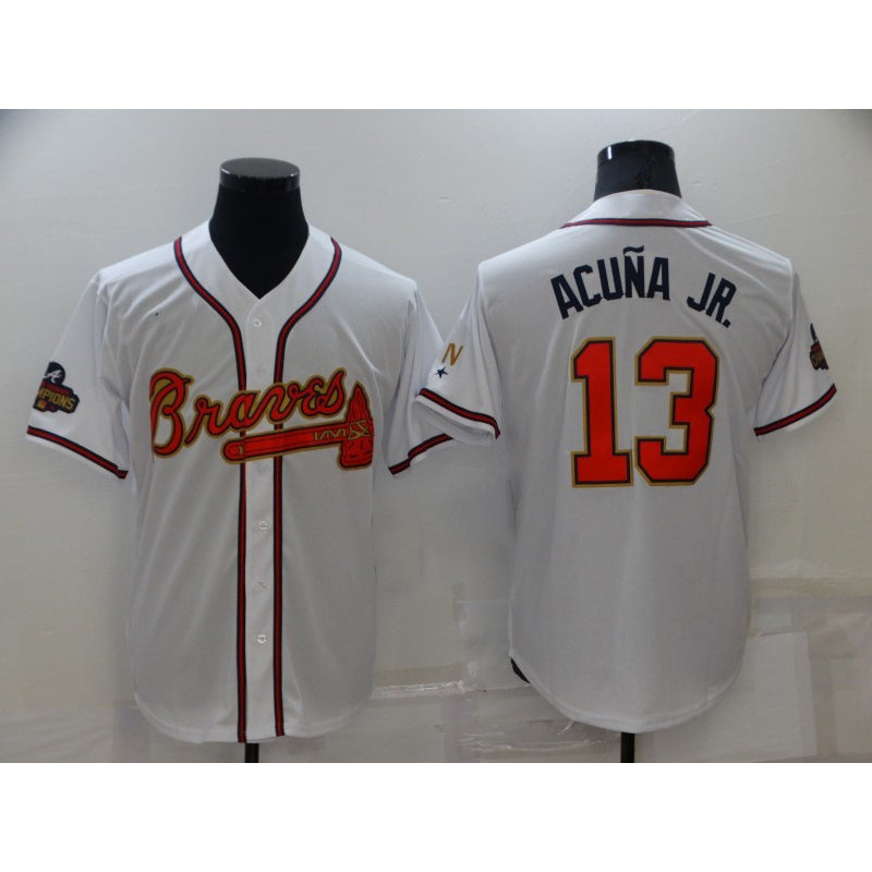 Atlanta Braves #13 Ronald Acuna Jr 2022 White Gold AmberGomez World Series Champions Program Cool Base Stitched Jersey