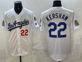 Los Angeles Dodgers #22 Clayton Kershaw White AmberGomez 2026 Gold Collection 9x & B2B Champs Patch Stitched Jersey