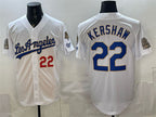 Los Angeles Dodgers #22 Clayton Kershaw White AmberGomez 2026 Gold Collection 9x & B2B Champs Patch Stitched Jersey
