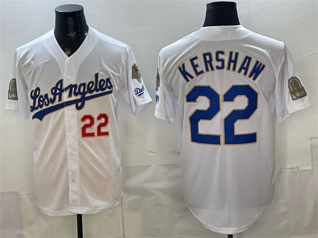Los Angeles Dodgers #22 Clayton Kershaw White AmberGomez 2026 Gold Collection 9x & B2B Champs Patch Stitched Jersey