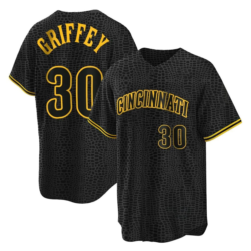 Cincinnati Reds #30 Ken Griffey Player Black AmberGomez Snake Skin City Home Stitched Jerseys