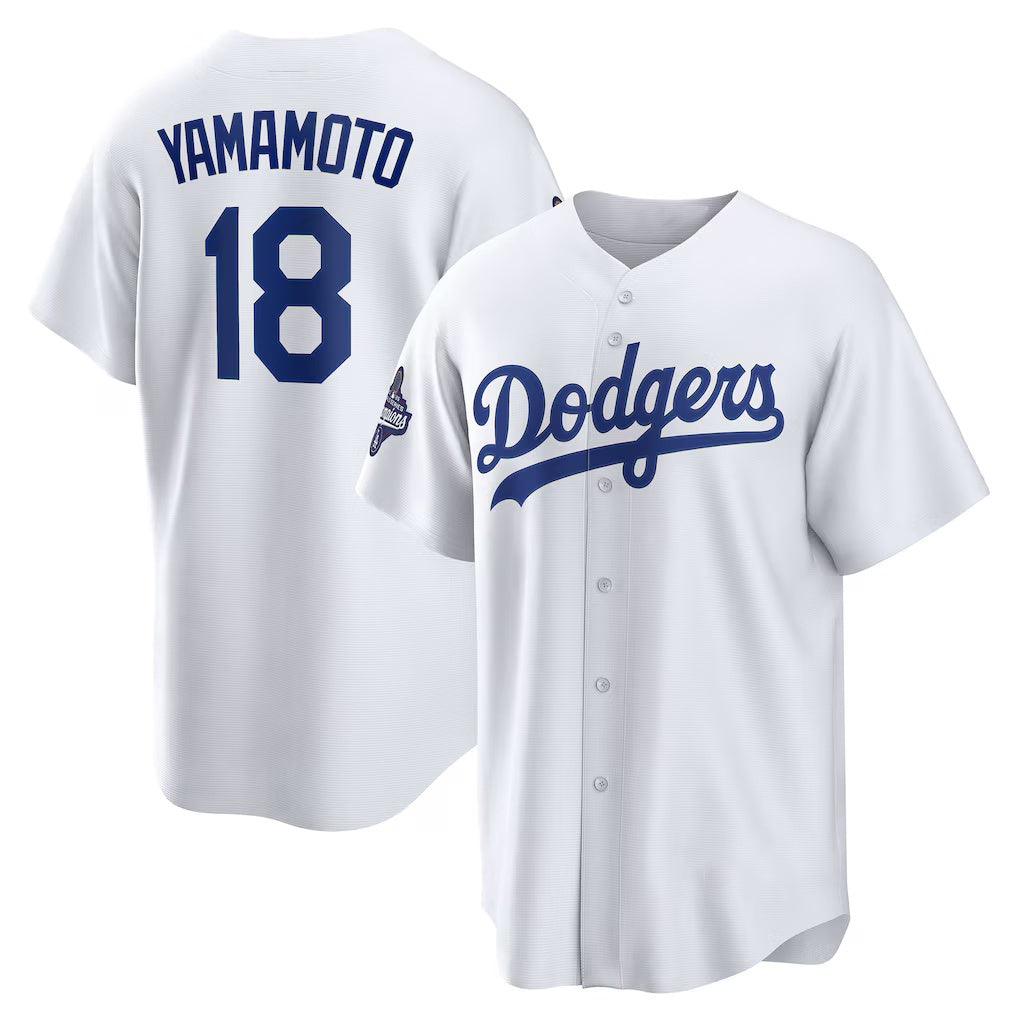 Los Angeles Dodgers #18 Yoshinobu Yamamoto White AmberGomez 2025 World Series Champions Home Replica Jersey