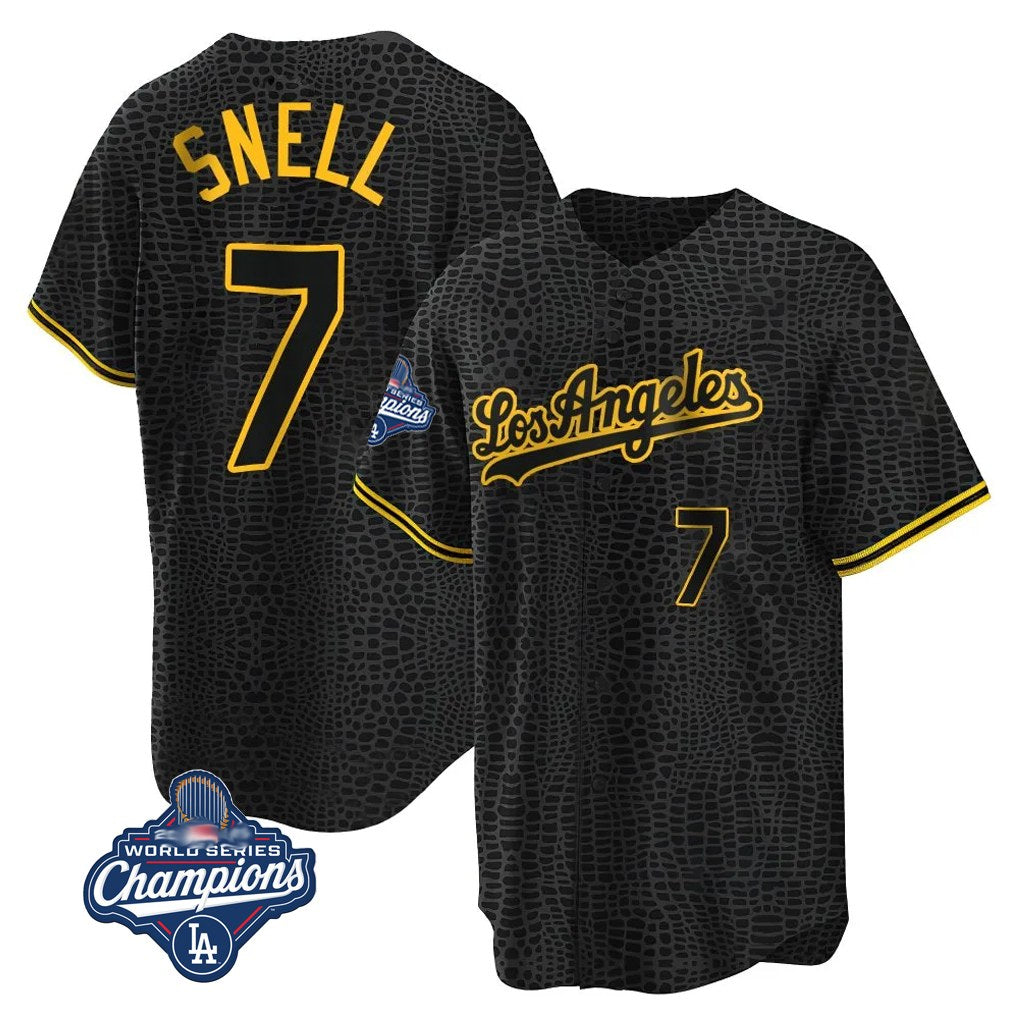 Los Angeles Dodgers #7 Blake Snell Player Black AmberGomez Snake Skin City Game Home World Series Meet Stitched Jerseys