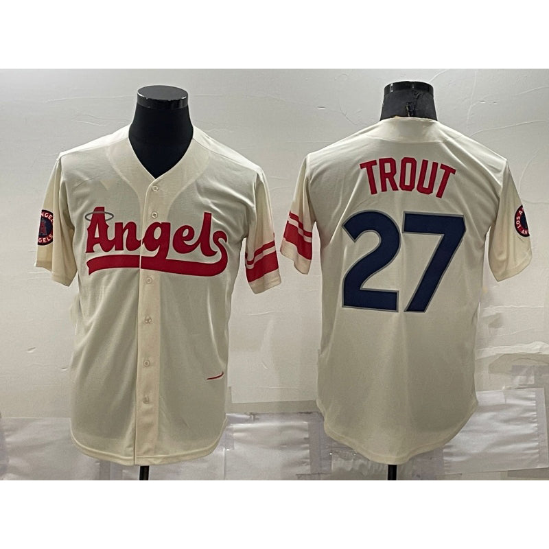Los Angeles Angels #27 Mike Trout Cream AmberGomez 2022 City Connect Cool Base Stitched Jersey