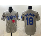 Los Angeles Dodgers #18 Yoshinobu Yamamoto Gray AmberGomez 2025 World Series Champions Patch Stitched Jersey