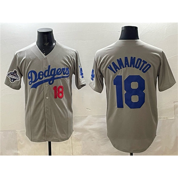 Los Angeles Dodgers #18 Yoshinobu Yamamoto Gray AmberGomez 2025 World Series Champions Patch Stitched Jersey