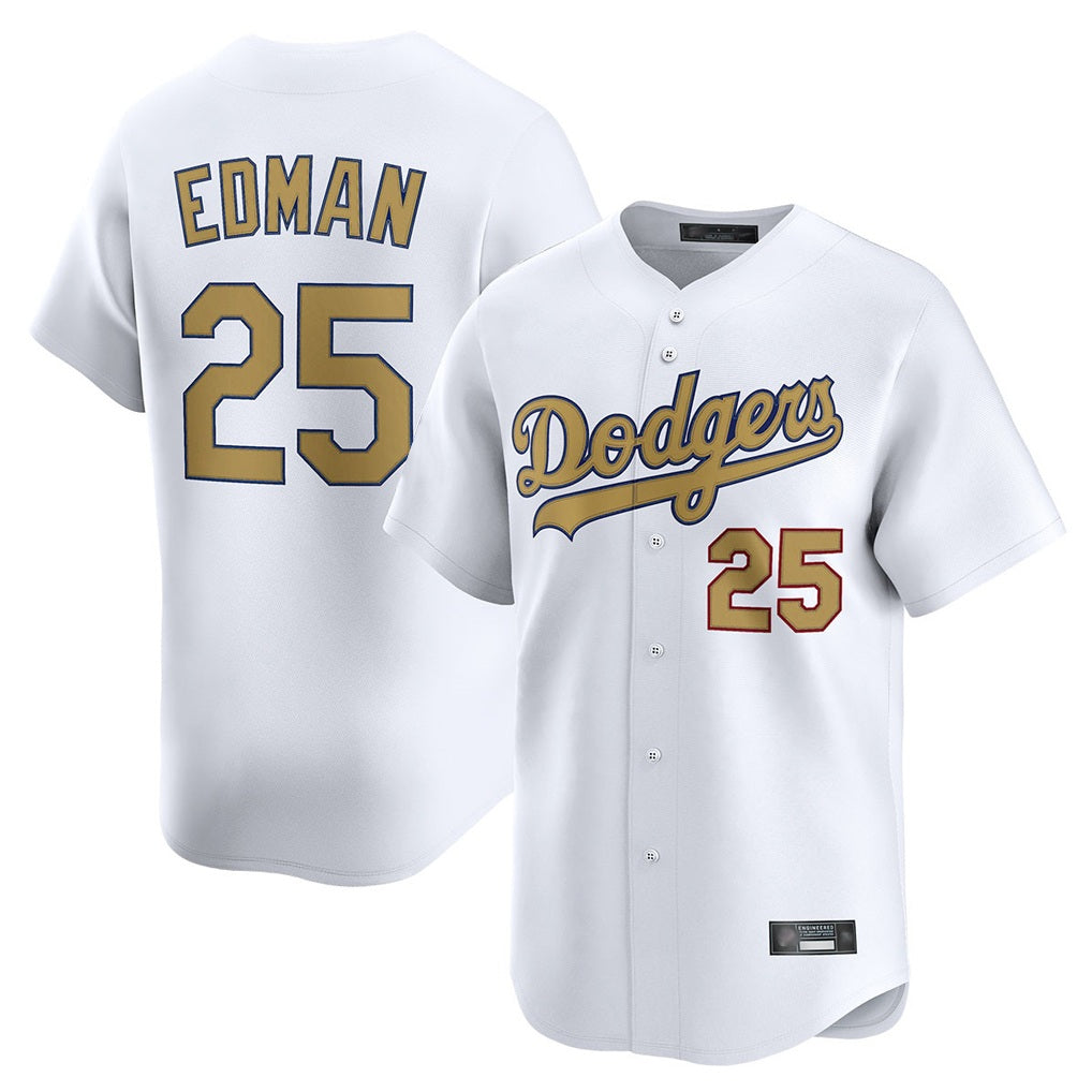 Los Angeles Dodgers #25 Tommy Edman Player White Gold AmberGomez Collection Limited Home Stitched Jerseys