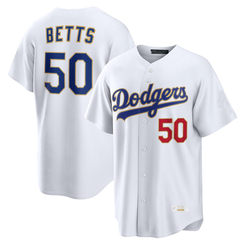 Los Angeles Dodgers #50 Mookie Betts Player Gold White AmberGomez Collection Limited Home Stitched Jerseys