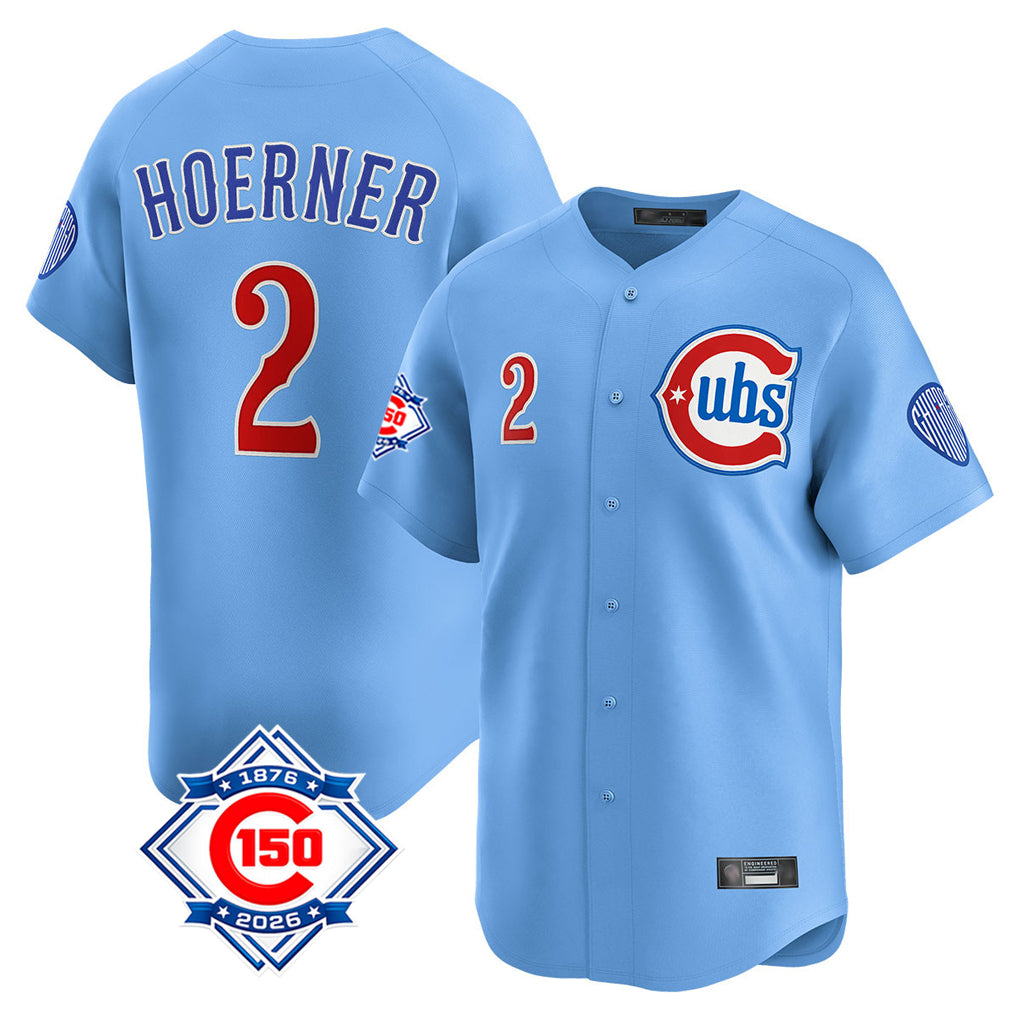 Chicago Cubs #2 Nico Hoerner Player Light Blue AmberGomez 150th Anniversary Limited Home Stitched Jerseys