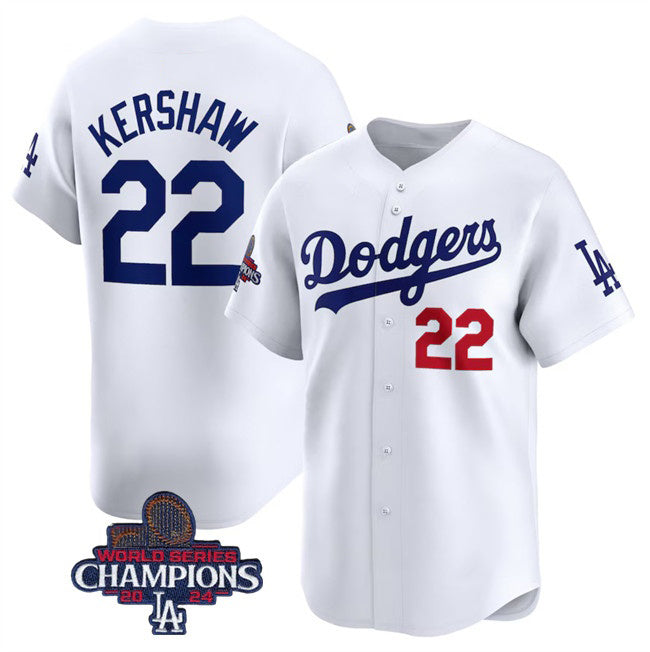 Los Angeles Dodgers #22 Clayton Kershaw White AmberGomez 2024 World Series Champions Home Limited Stitched Jersey