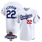 Los Angeles Dodgers #22 Clayton Kershaw White AmberGomez 2024 World Series Champions Home Limited Stitched Jersey