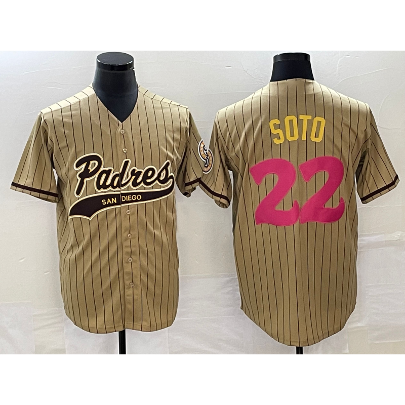 San Diego Padres #22 Juan Soto Tan AmberGomez Pinstripe 2023 City Connect Cool Base Stitched Jersey